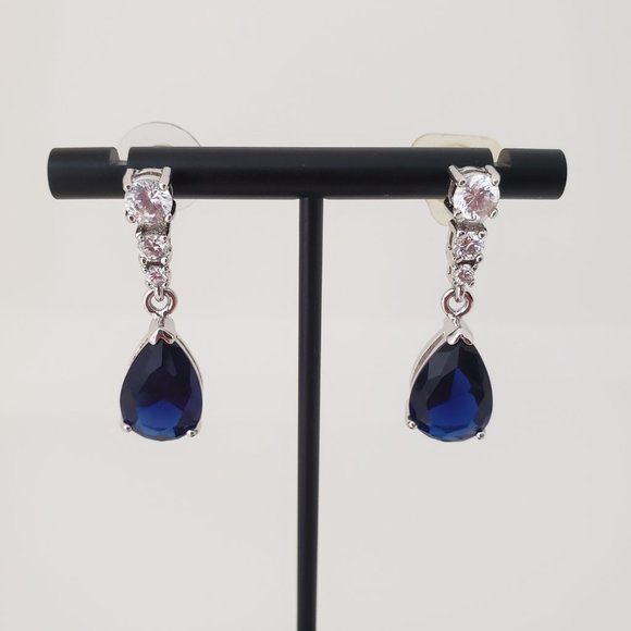 Blue Simulated Sapphire Pear Cut Drop Earrings - Picture 3 of 6